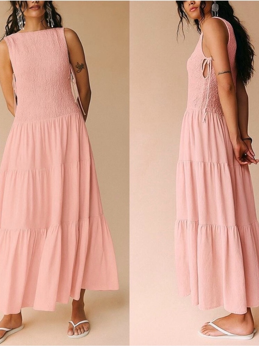 NWT Free People Sterling Smocked Side Tie Maxi Dress in Pink Chalk Size S